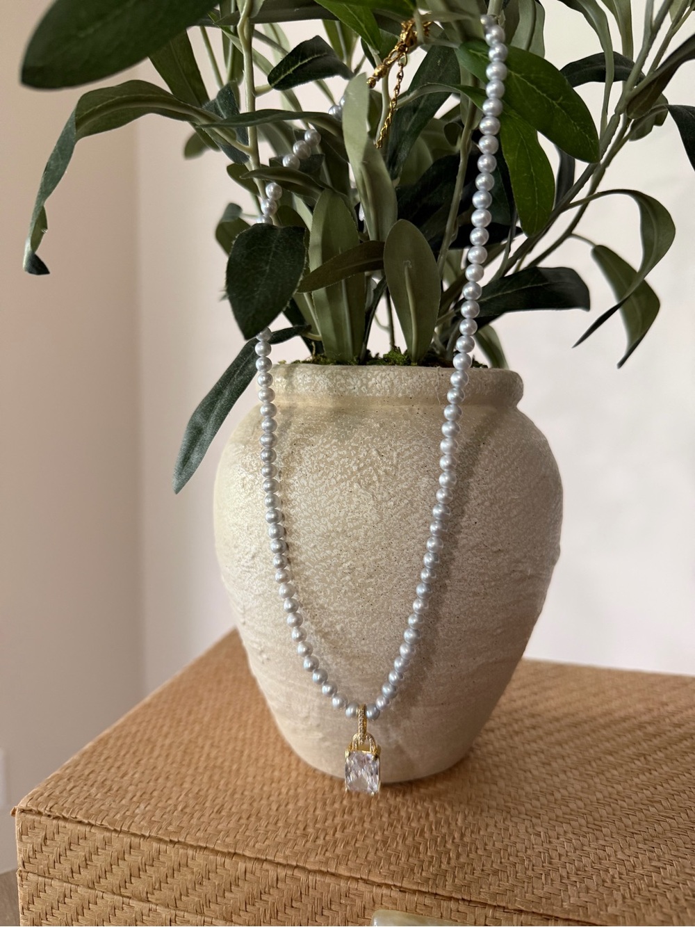 Silver Pearl Bead Necklace with Gold Crystal Pendant